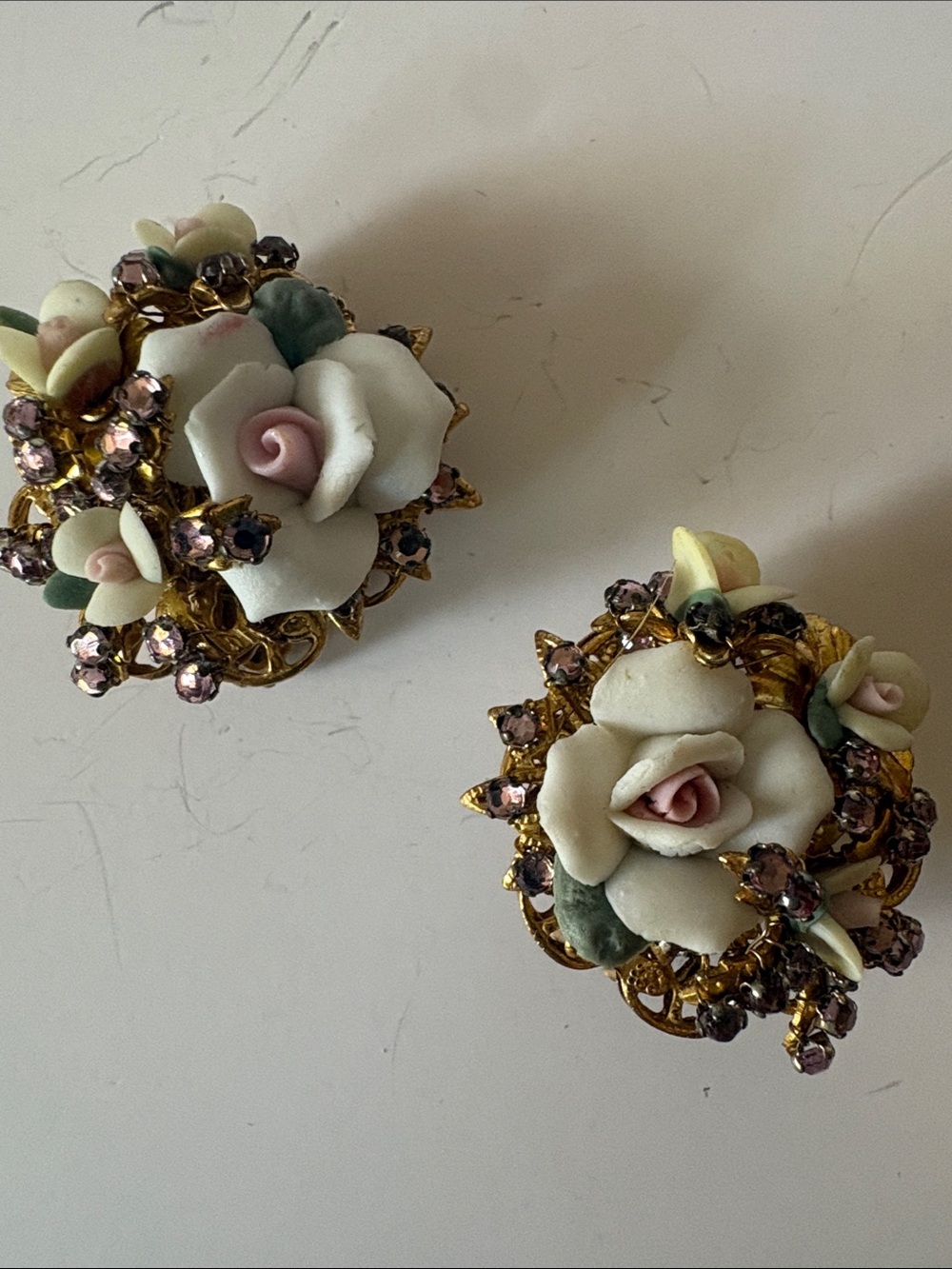 Stanley Hagler NYC Porcelain Rose Cluster Clip Earrings in White, Pink and Gold
